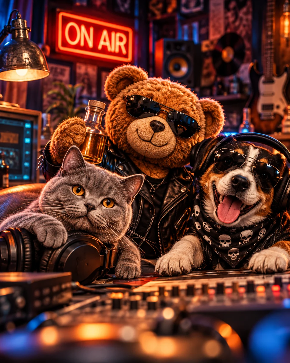 Maunzerle, Stammtisch-Teddy und Rock-Dog gemeinsam im Rockblog-Studio