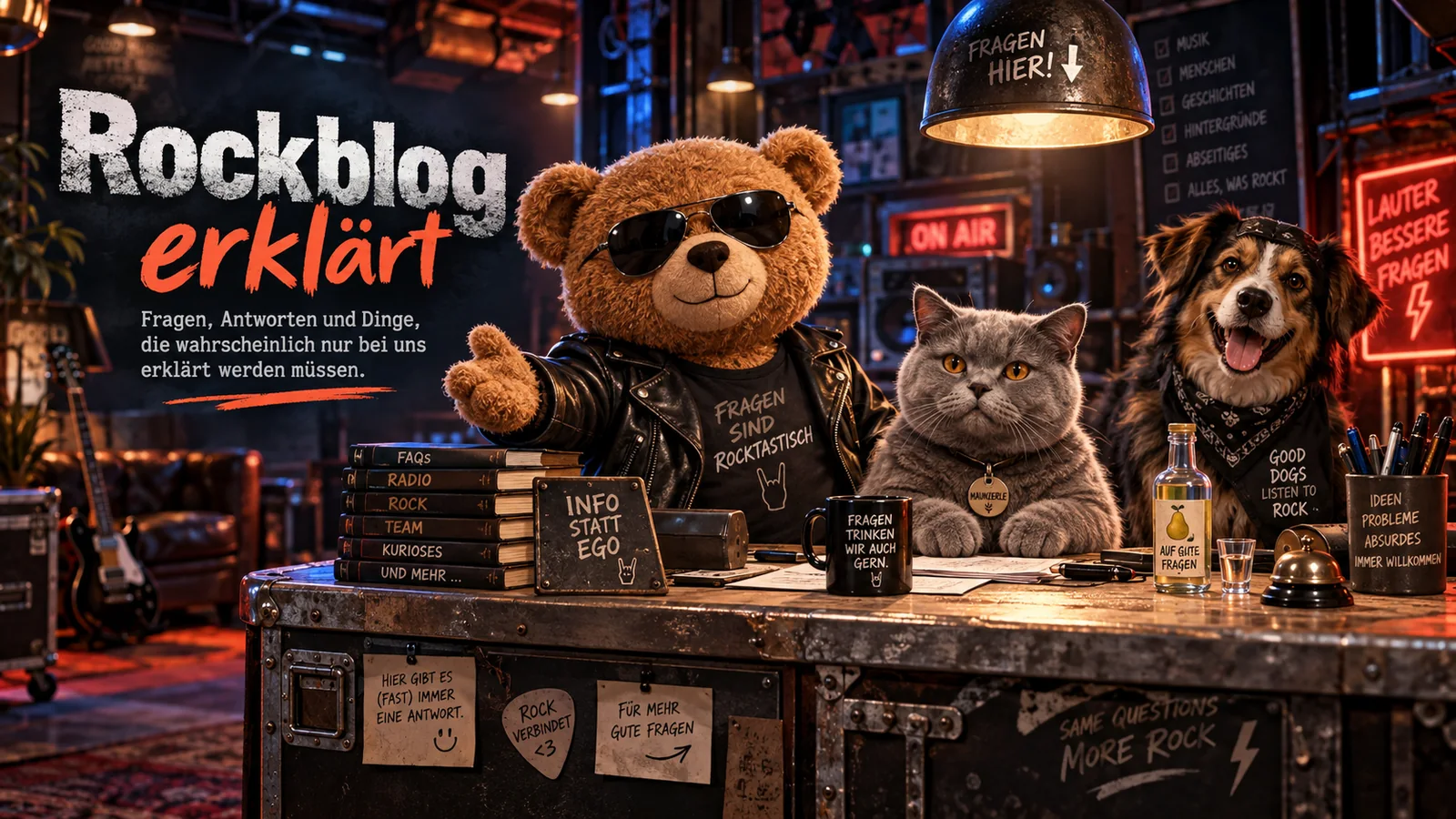 Stammtisch-Teddy, Maunzerle und Rock-Dog am Rockblog-Infoschalter – Rockblog erklärt