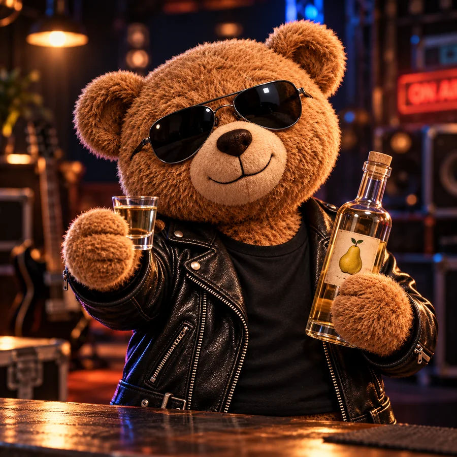 Stammtisch-Teddy mit Birnenschnaps im Rockblog-Studio