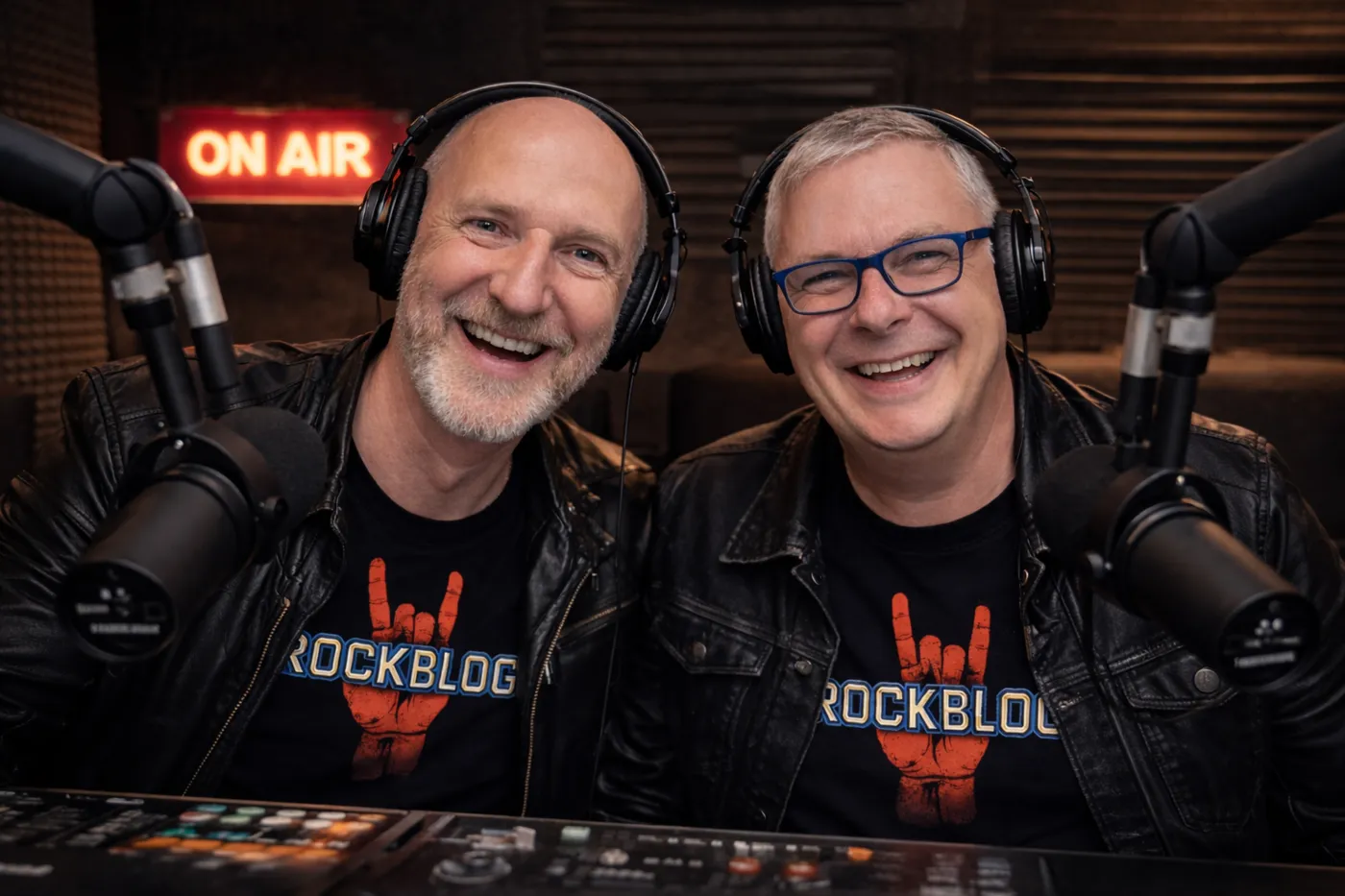 Illustration eines Rockblog-Studios mit zwei Moderatoren, Kopfhörern und Mikrofonen